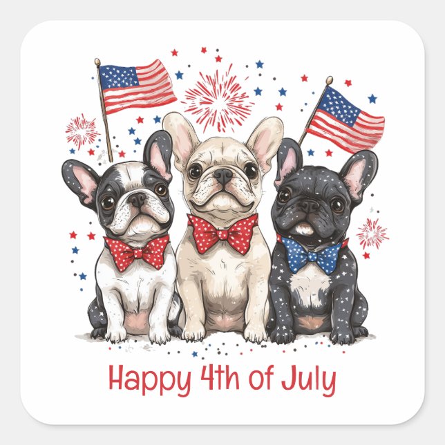Happy 4th Of July French Bulldogs Square Sticker (Front)