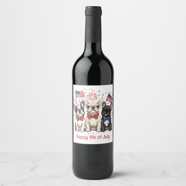 Happy 4th Of July French Bulldogs Wine Label (Front)