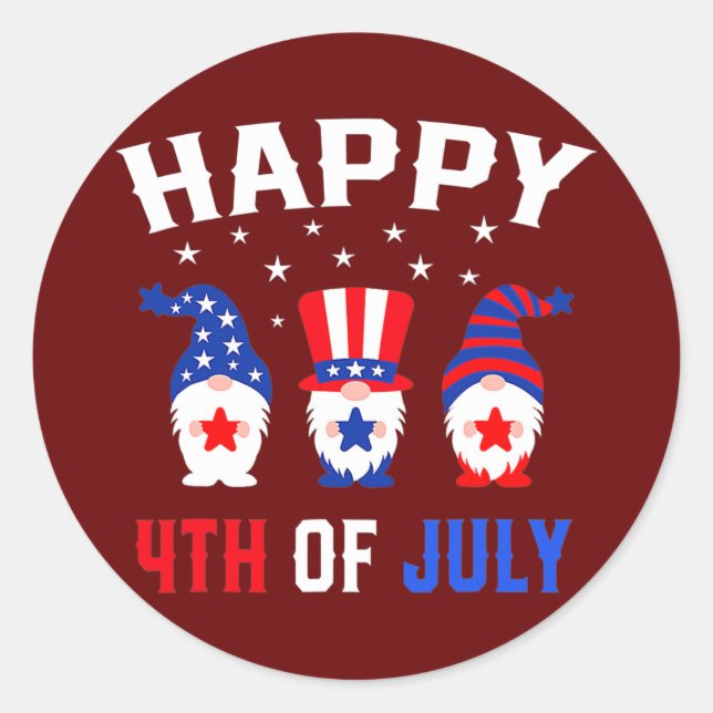 Happy 4th Of July Gnomes Patriotic American Flag Classic Round Sticker (Front)