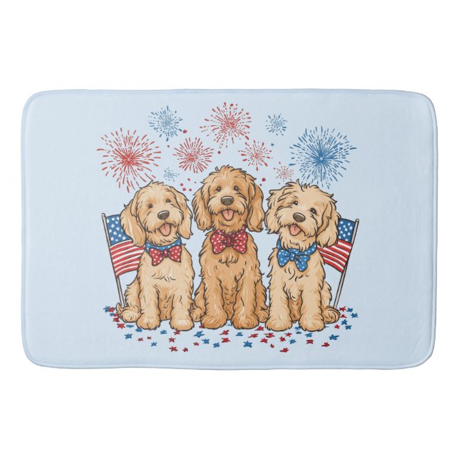 Happy 4th Of July Goldendoodle Dogs Fireworks Bath Mat (Front)