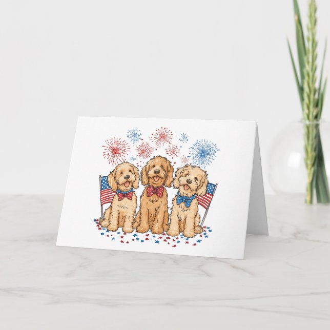Happy 4th Of July Goldendoodle Dogs Fireworks Holiday Card (Front)
