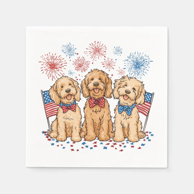 Happy 4th Of July Goldendoodle Dogs Fireworks Napkin (Front)