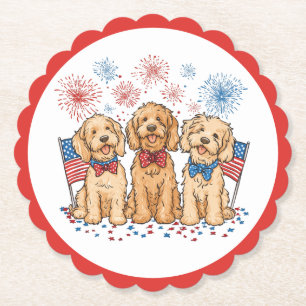 Happy 4th Of July Goldendoodle Dogs Fireworks Paper Coaster
