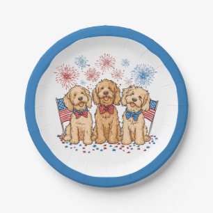 Happy 4th Of July Goldendoodle Dogs Fireworks Paper Plate