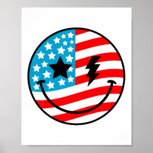 Happy 4th Of July Groovy Smile Face Red White Blue Poster