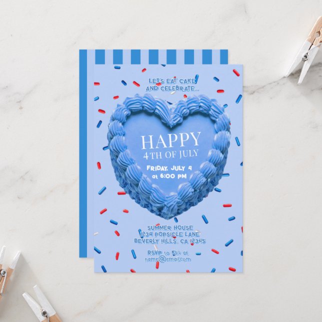 Happy 4th of July Heart Cake Invitation (blue) (Front/Back In Situ)