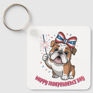 "Happy 4th of July" Patriotic Bulldog Custom Key Ring
