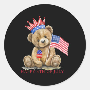 Happy 4th Of July Patriotic Cute Bear Women Girls Classic Round Sticker