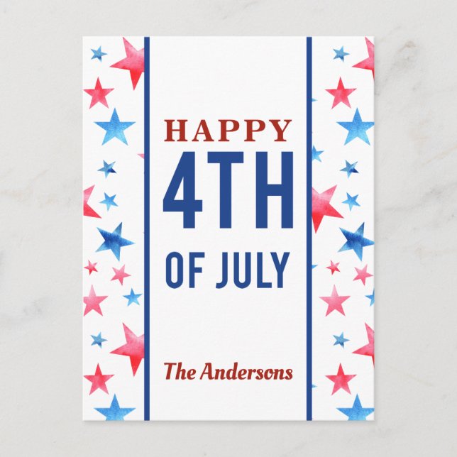 Happy 4th of July Patriotic Red Blue Stars America Postcard (Front)
