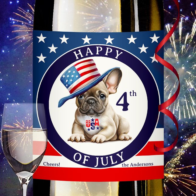 Happy 4th of July Pug  Wine Label (Wine label featuring a bulldog or pug with American hat to celebrate 4th of July - stars and stripes)