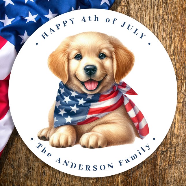 Happy 4th Of July Puppy Dog Patriotic Retriever Classic Round Sticker (Creator Uploaded)