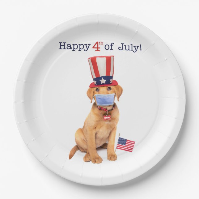 Happy 4th of July Puppy in Face Mask Paper Plate (Front)