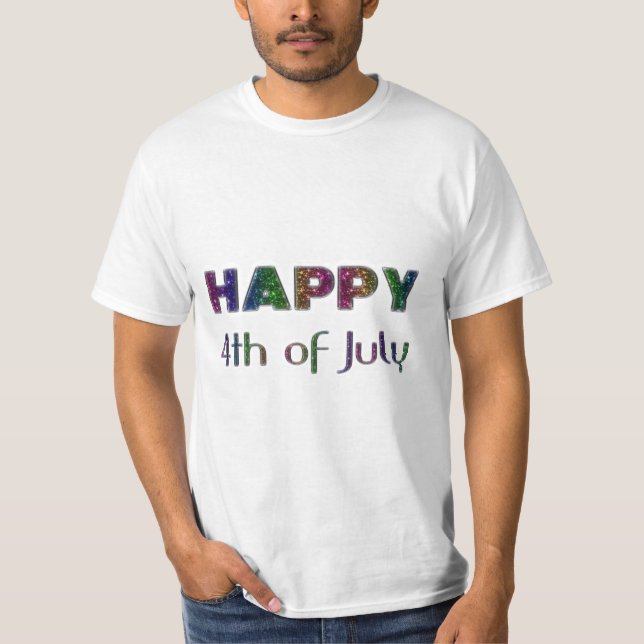Happy 4th of July Rainbow Glitter Stars Typography T-Shirt (Front)