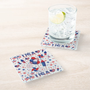 Happy 4th of July Red Blue Cute Party Glass Coaster