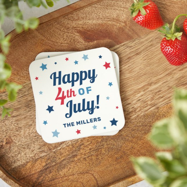 Happy 4th of July Red White and Blue Patriotic Square Paper Coaster (Creator Uploaded)
