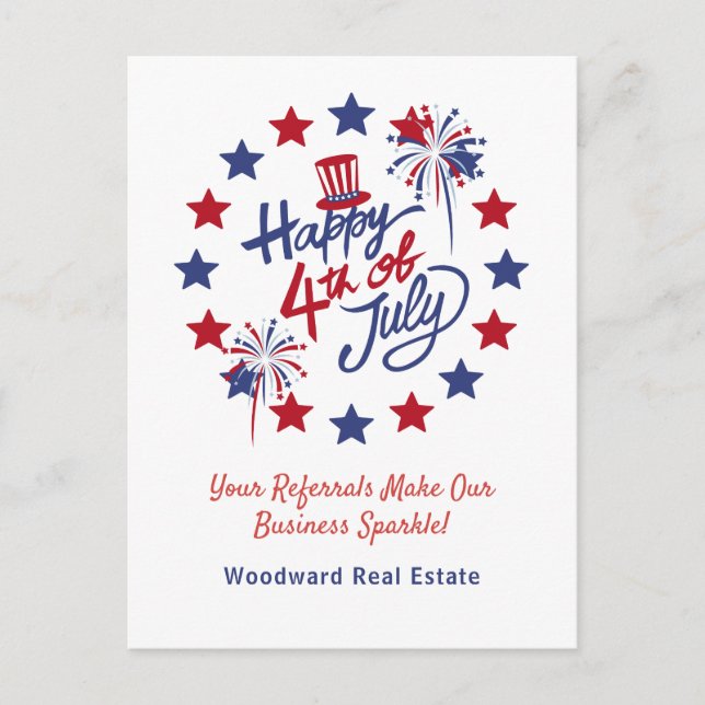 Happy 4th of July Referral Real Estate Marketing  Holiday Postcard (Front)