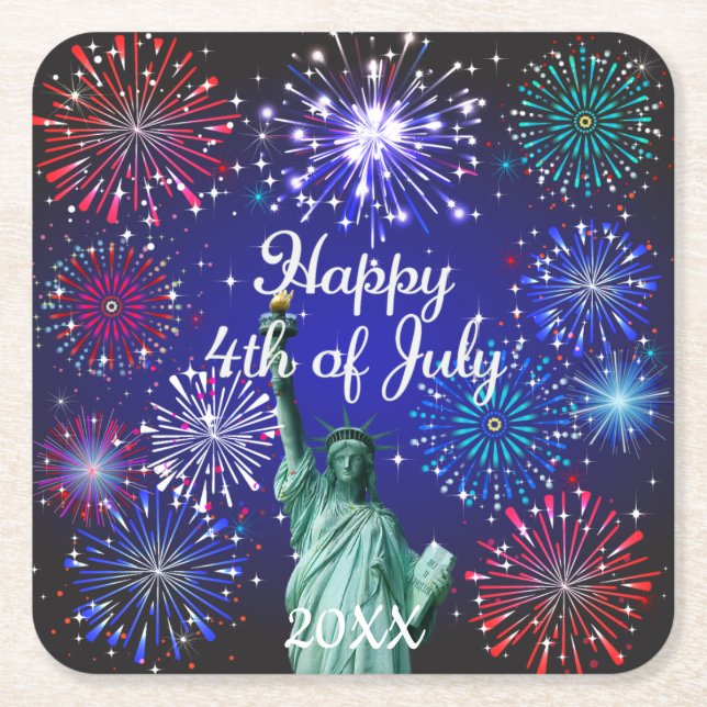Happy 4th of July Square Paper Coaster (Front)