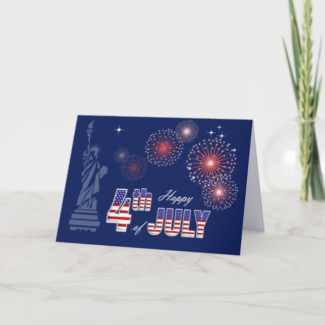Happy 4th of July. Statue of Liberty and Fireworks Card (Front)