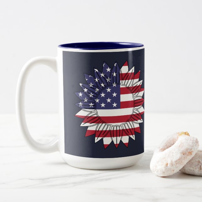 Happy 4th of July Sunflower Flag Two-Tone Coffee Mug (With Donut)