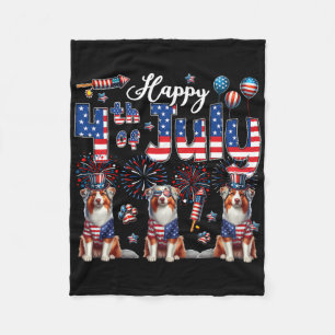 Happy 4th Of July Three Cute Australian Shepherds  Fleece Blanket