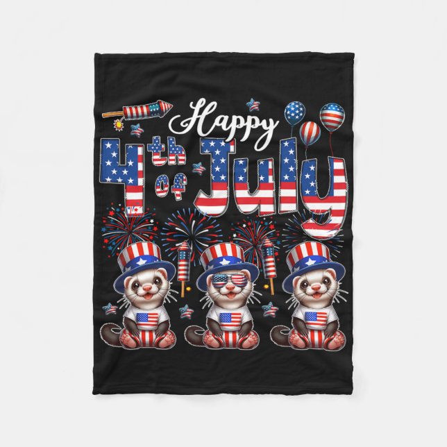 Happy 4th Of July Three Cute Ferrets Sungles Flag  Fleece Blanket (Front)