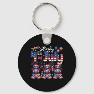 Happy 4th Of July Three Cute Hippos Sungles Flag P Key Ring