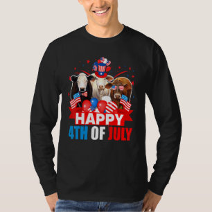 Happy 4th Of July Three Pride American Flag Cow T-Shirt