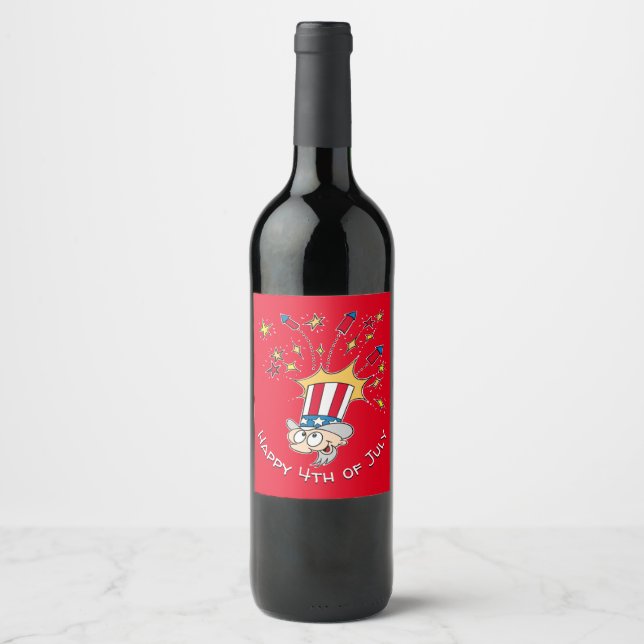 Happy 4th Of July Uncle Sam Fireworks Cartoon Wine Wine Label (Front)