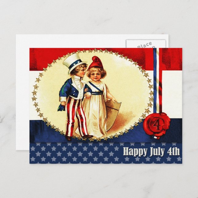Happy 4th of July. Vintage Patriotic Kids  Postcard (Front/Back)