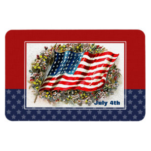 Happy 4th of July. Vintage Usa Flag and Flowers Magnet