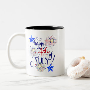 Happy 4th of July! with fireworks and stars Two-Tone Coffee Mug