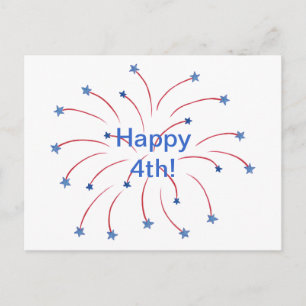 Happy 4th Red White and Blue Fireworks Stars Postcard