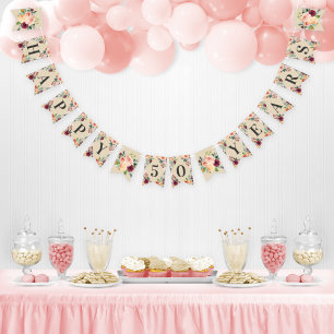 Happy 50 Years Rustic Pink Fall Floral Anniversary Bunting