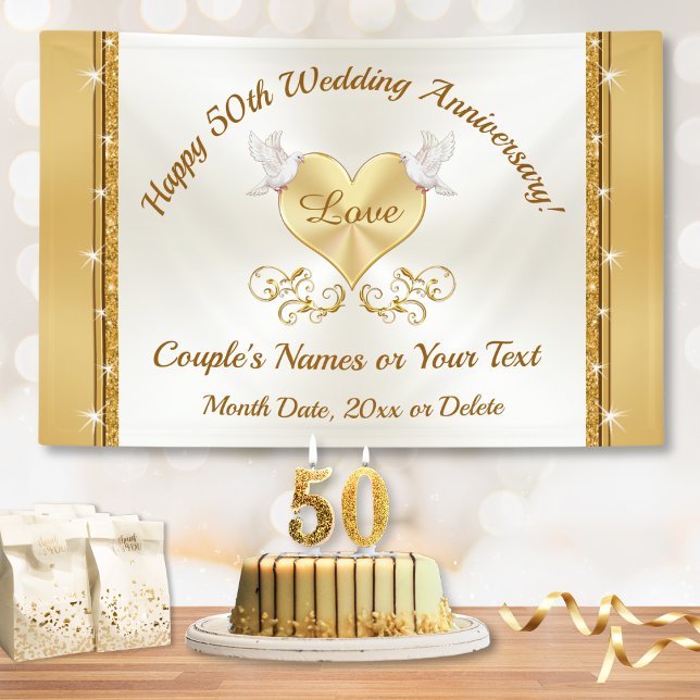 Happy 50th Anniversary Banner, Personalised Golden Banner (50th wedding anniversary banner. Golden anniversary party decorations. 50th anniversary banners. 50)