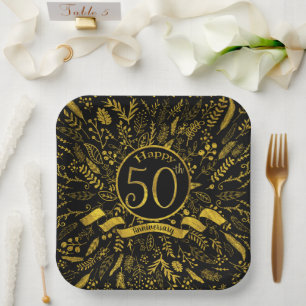 Happy 50th Anniversary Gold Floral Paper Plate