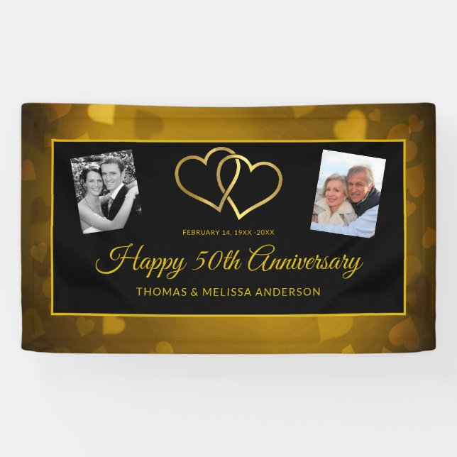 HAPPY 50TH ANNIVERSARY GOLD HEARTS & PHOTOS BANNER (Horizontal)