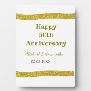 Happy 50th anniversary golden glitter border grey plaque