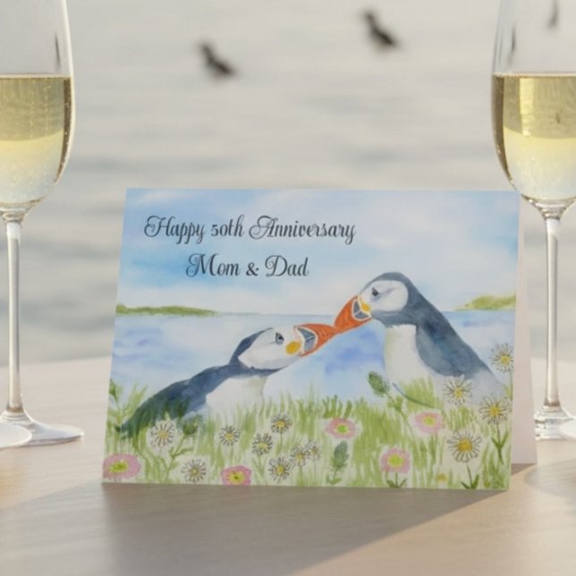 Happy 50th Anniversary Mom & Dad Puffins  Card (Creator Uploaded)