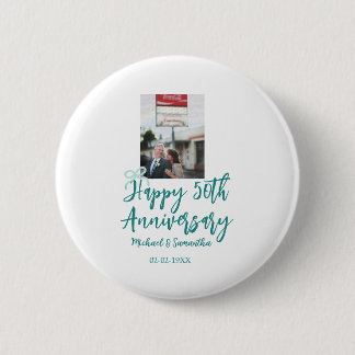 Happy 50th anniversary photo turquoise bow name da 6 cm round badge