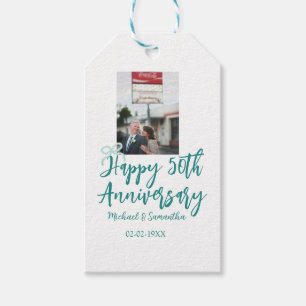 Happy 50th anniversary photo turquoise bow name da gift tags