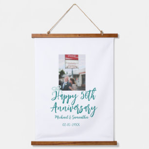 Happy 50th anniversary photo turquoise bow name da hanging tapestry
