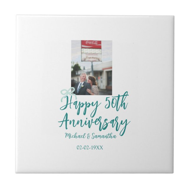 Happy 50th anniversary photo turquoise bow name da tile (Front)