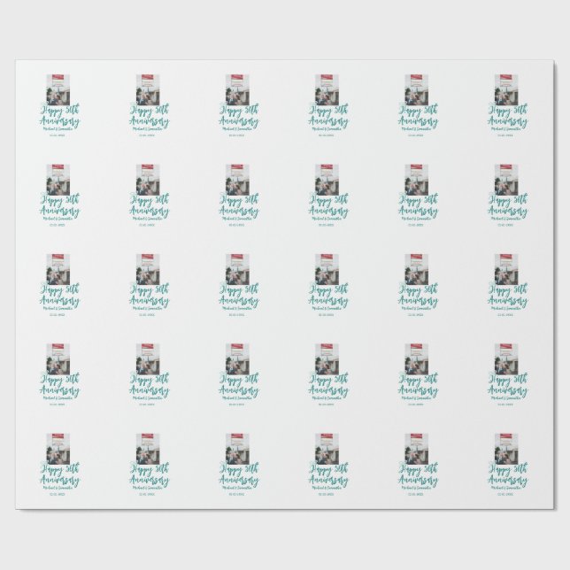 Happy 50th anniversary photo turquoise bow name da wrapping paper (Flat)