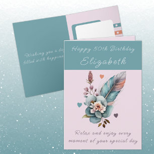 Happy 50th Birthday add name floral green Card