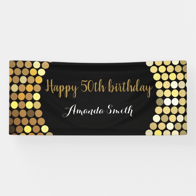 Happy 50th Birthday Banner Black and Gold Glitter (Horizontal)
