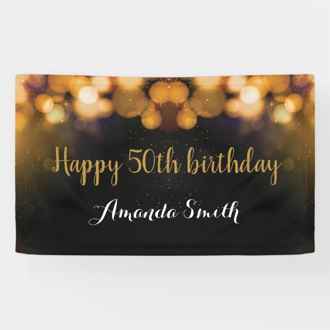 Happy 50th Birthday Banner. Black and Gold Glitter Banner (Horizontal)