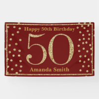 Happy 50th Birthday Banner Burgundy Red Gold