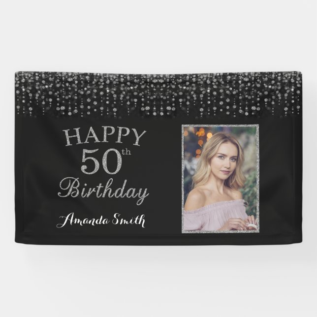 Happy 50th Birthday Banner. Silver Glitter Photo Banner (Horizontal)