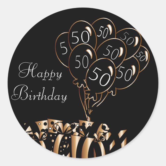 Happy 50th Birthday | Black Balloons Classic Round Sticker (Front)