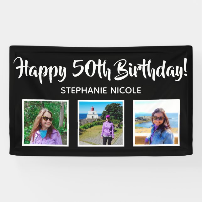 Happy 50th Birthday Black Personalised Photos Banner (Horizontal)